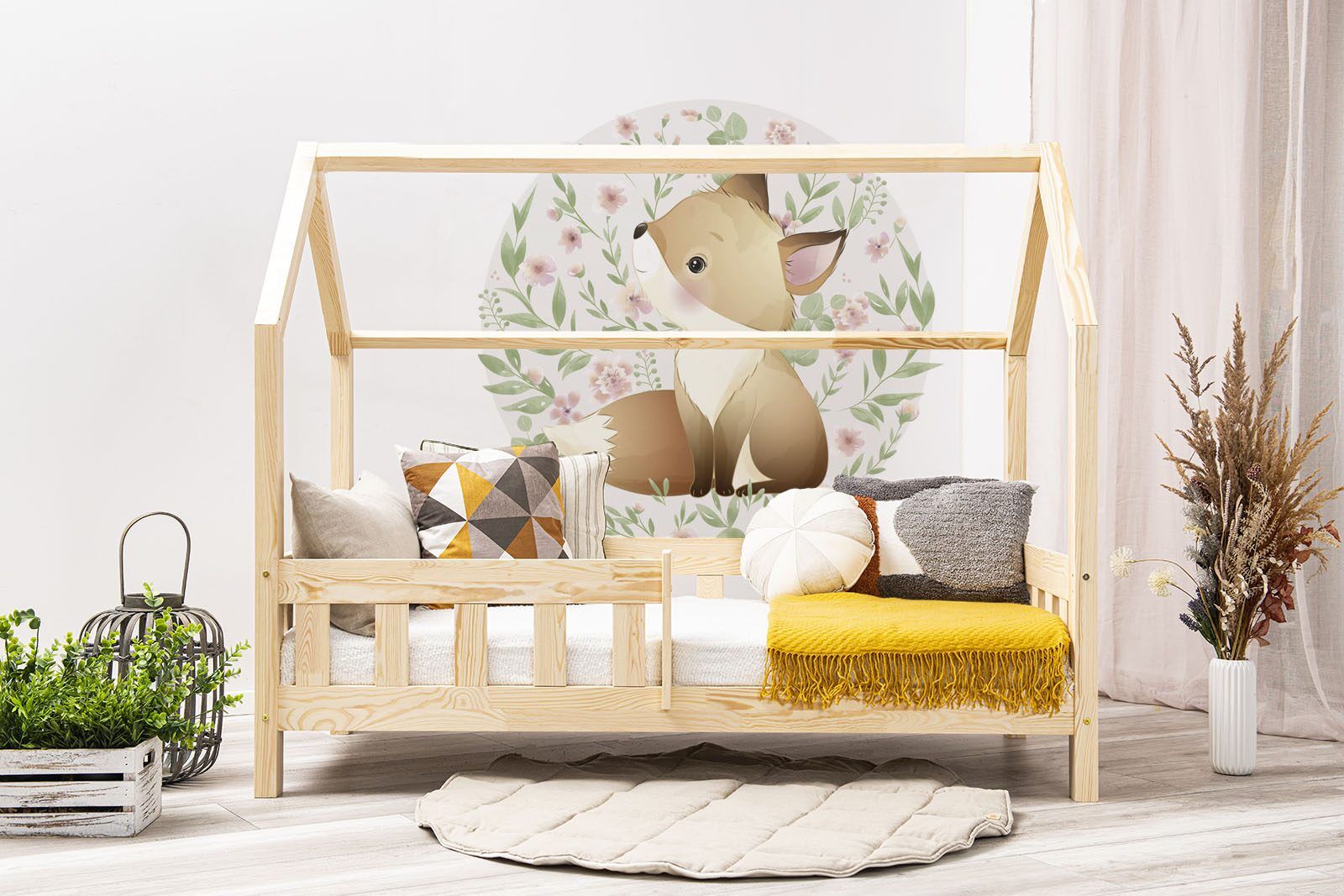 Autocolantes de parede - Raposa - círculo. A cama apresentada na imagem tem 160x80cm.