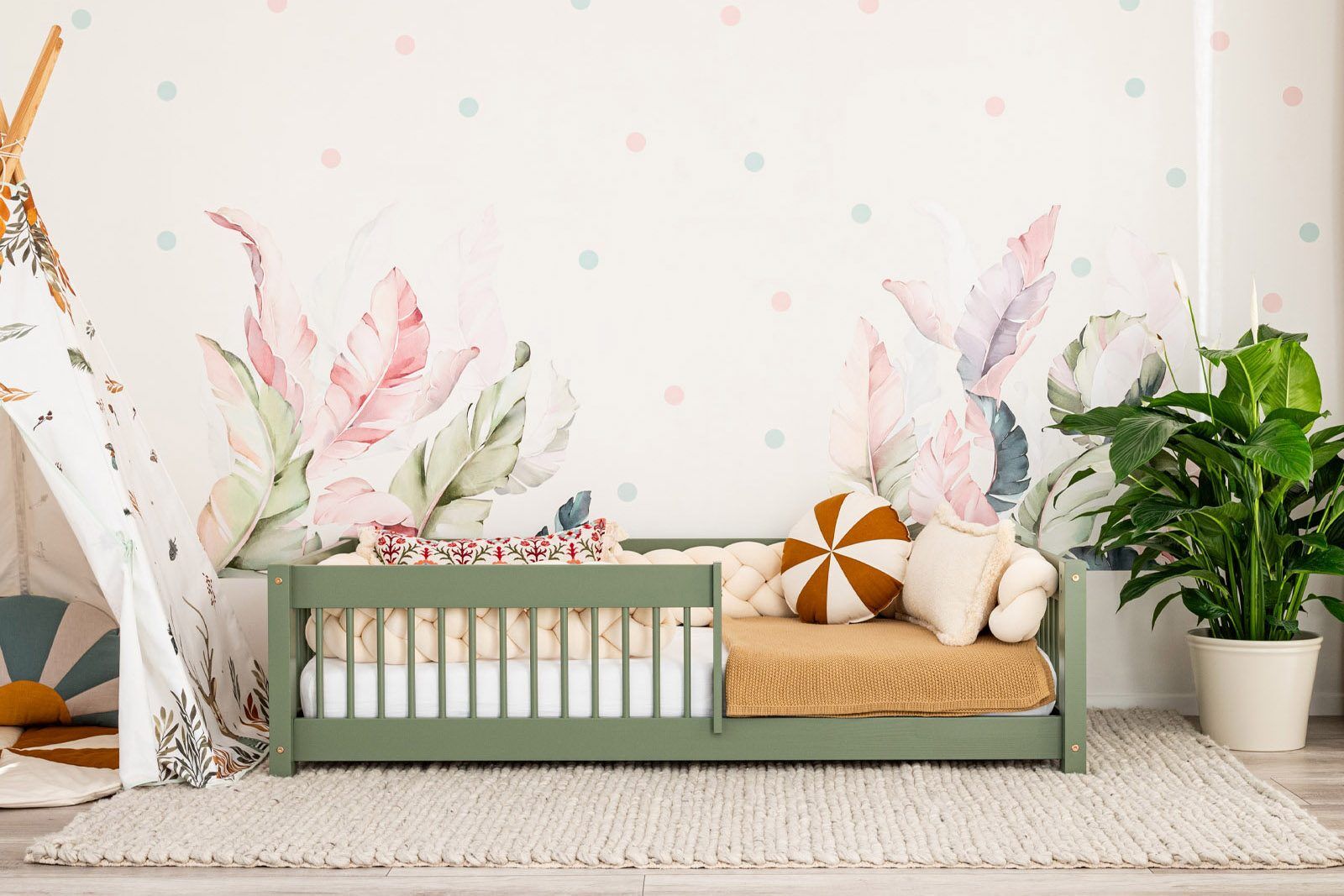 Na imagem: Cama para bebé, cama infantil – Vedo 160x80cm, grade com varões redondos, cor: olive